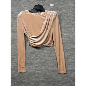 Flying Tomato Blouse Womens Medium Beige Velour Draped Ruched Cropped Top Party